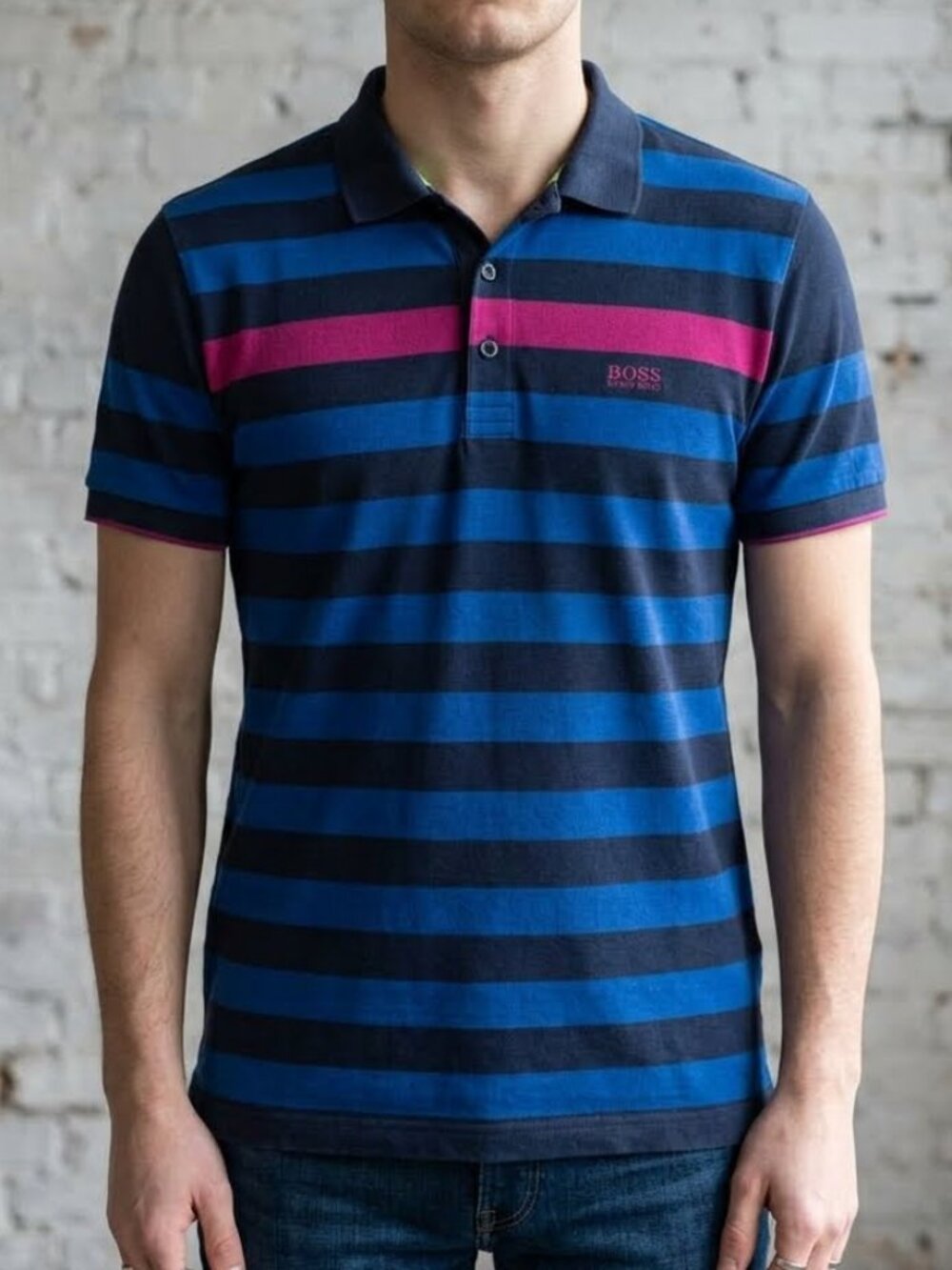 BOSS Hugo Boss Modern Fit Striped Polo Shirt Blue Pink Men's L